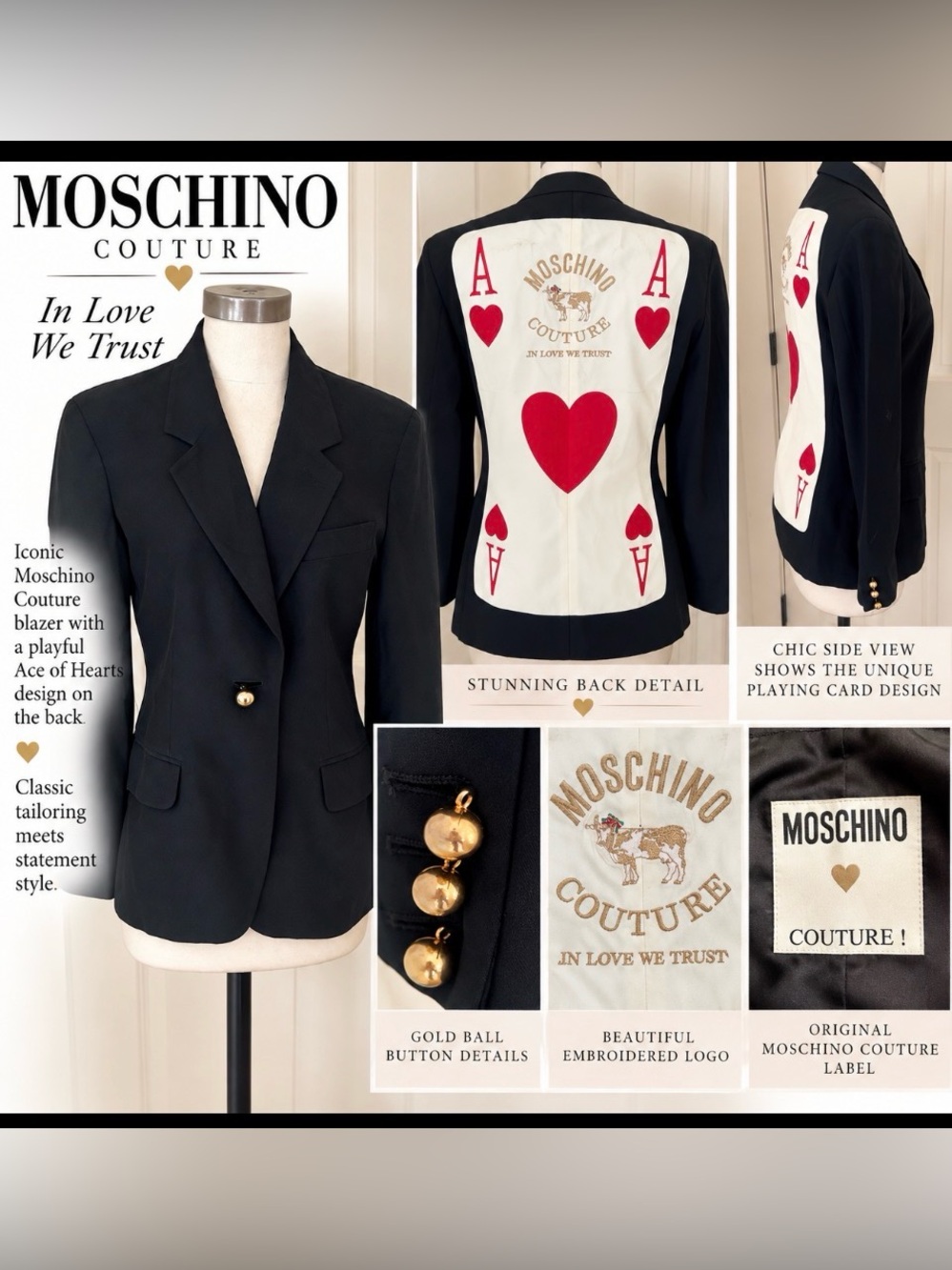 Moschino navy Blazer with Red Ace of Hearts Back Detail